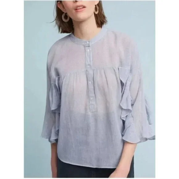Maeve By Anthropologie Women’s Size Medium Popover Ruffled Blue Top Shirt Blouse - Picture 1 of 8